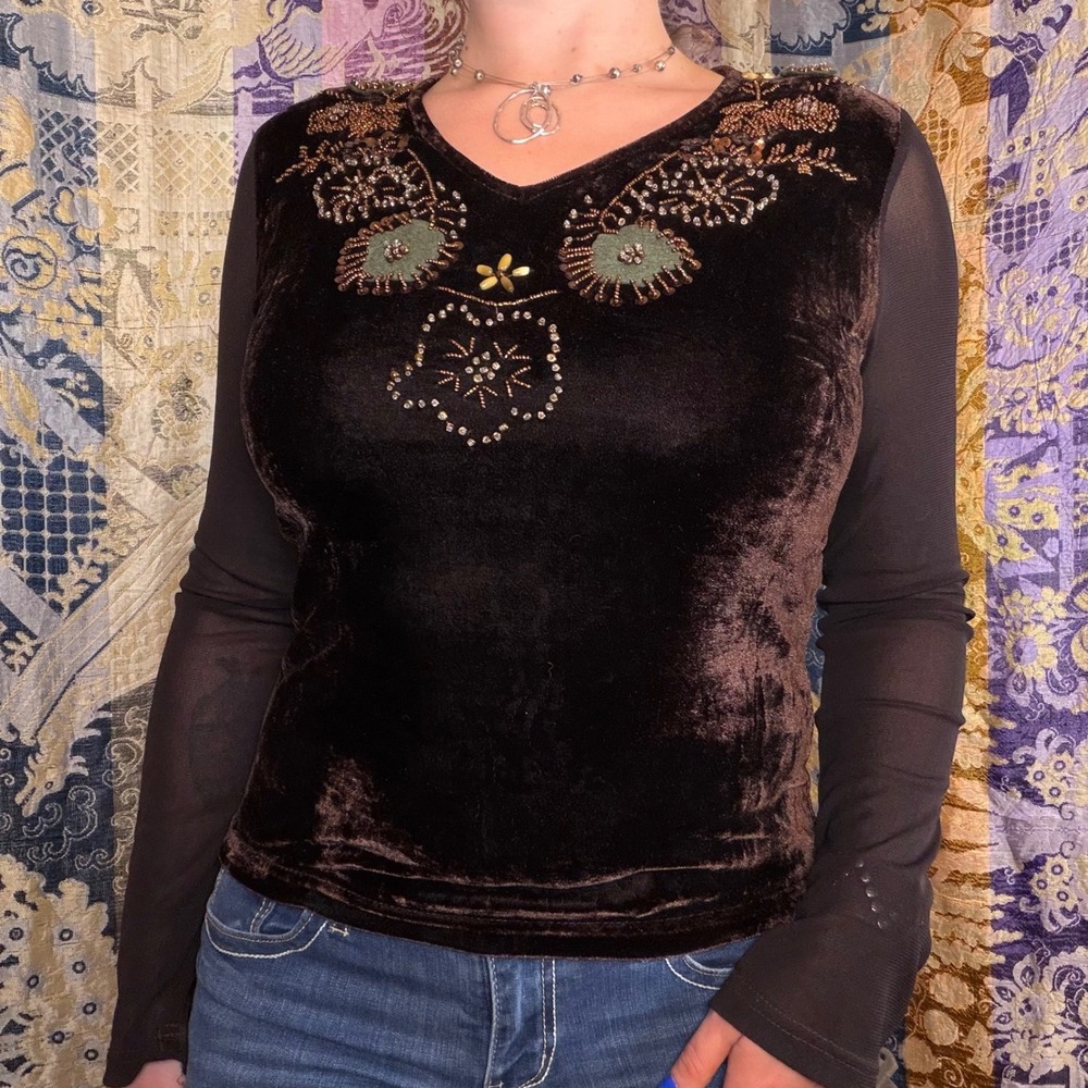 Whimsigoth Brown Velvet Mesh Sleeve Forest Fairy Beaded Long Sleeve Top Size L